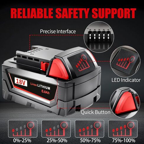 2 Pack 6.0Ah M18 Max Battery Replacement for Milwaukee 18V 2646-22CT,2643-21CT,2641-21CT,2646-21CT,2646-20 Power Cordless Tools in Kuwait