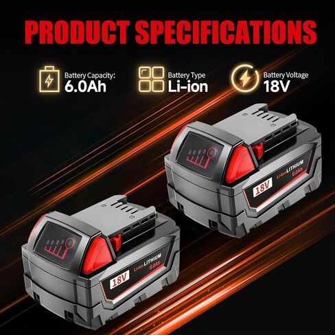 2 Pack 6.0Ah M18 Max Battery Replacement for Milwaukee 18V 2646-22CT,2643-21CT,2641-21CT,2646-21CT,2646-20 Power Cordless Tools in Kuwait
