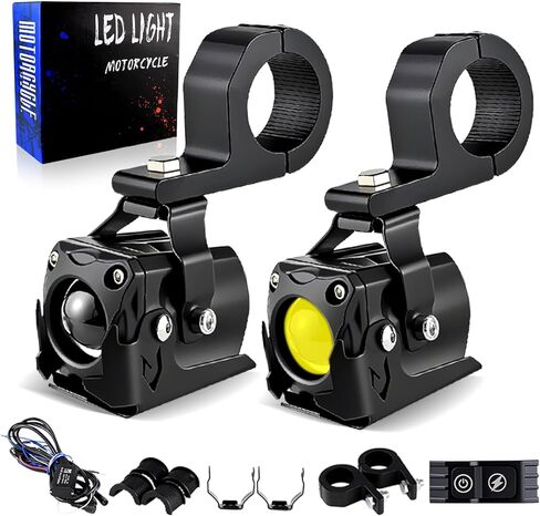 أضواء LED عالمية للدراجات النارية أضواء كاشفة مساعدة بيضاء/كهرمانية لقيادة الضباب، شعاع عالي/منخفض مع 7 أوضاع ستروب مزدوج اللون للركوب الليلي، قطعتان in Kuwait