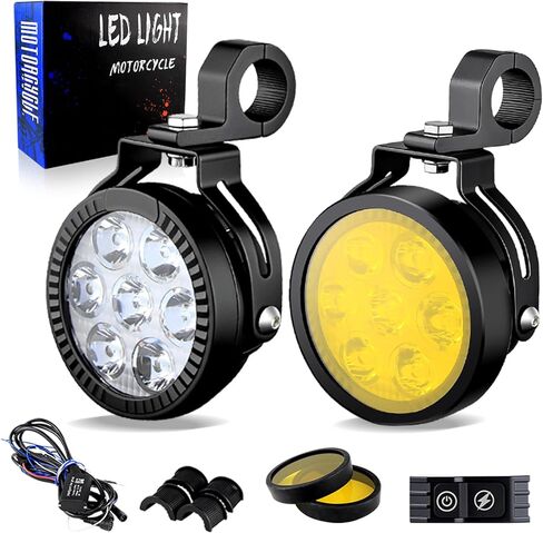 أضواء LED عالمية للدراجات النارية أضواء كاشفة مساعدة بيضاء/كهرمانية لقيادة الضباب، شعاع عالي/منخفض مع 7 أوضاع ستروب مزدوج اللون للركوب الليلي، قطعتان in Kuwait