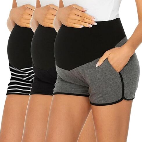 Ecavus 3 Pack Women's Maternity Shorts Workout Stretchy Lounge Sports Yoga Over Belly Pregnancy Shorts for Women with Pockets in Saudi Arabia
