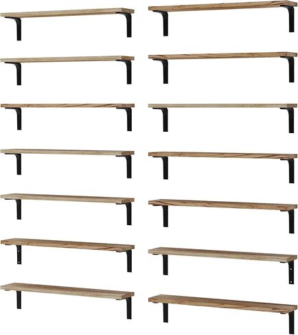 Wallniture Nola 24 بوصة أرفف عائمة ريفية للجدار مع أقواس 4 بوصة، رف كتب حائط لغرفة المعيشة، رف جدار عائم لتخزين المطبخ، مجموعة من 14 قطعة، أسود، خشب in Kuwait