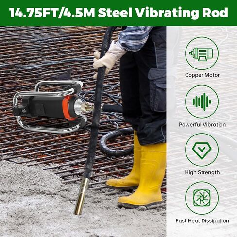 هزاز خرسانة كهربائي، 1500 وات 18000 فولت في الدقيقة، محرك نحاسي 2 حصان، اهتزاز خرسانة محمول، هزازات خرسانة كهربائية محمولة بعمود 14.75 قدم / 4.5 متر، إزالة فقاعة الهواء ومستوى الخرسانة in Kuwait