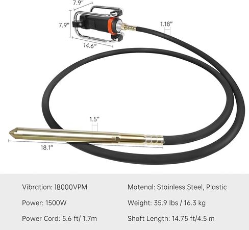 هزاز خرسانة كهربائي، 1500 وات 18000 فولت في الدقيقة، محرك نحاسي 2 حصان، اهتزاز خرسانة محمول، هزازات خرسانة كهربائية محمولة بعمود 14.75 قدم / 4.5 متر، إزالة فقاعة الهواء ومستوى الخرسانة in Kuwait