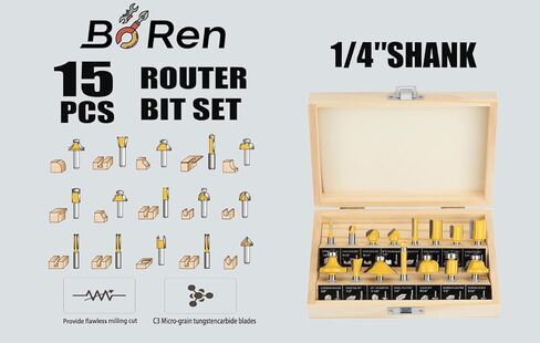 Boren 15Pieces Router Bits Set 1/4 Inch Shank Woodwork Tools，for Doors for Beginners Woodwork Tools，Tables,Shelves,Cabinets,DIY Woodwork. in Saudi Arabia