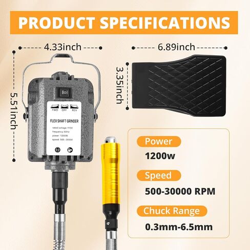 1200W 30000RPM Electric Flex Shaft Rotary Tool, Hanging Carver with Flex Shaft, Foot Pedal Control, Forward and Reverse Rotation, Metal Flexible Shaft Equipped with Polishing Accessories in Kuwait