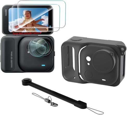 Compatible for Insta360 GO Ultra Screen ProtectorBlack Silicone Sleeve Case Tempered Glass Screen Protective and TPU Lens Protection Film & Silicone Camera Lens Protectors with Camera Case Kit in Saudi Arabia