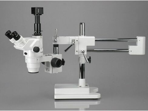 AmScope ZM-4T Professional Trinocular Stereo Zoom Microscope, EW10x Eyepieces, 6.7X-45X Magnification, 0.67X-4.5X Zoom Objective, Ambient Lighting, Double-Arm Boom Stand in Saudi Arabia