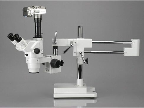AmScope ZM-4T Professional Trinocular Stereo Zoom Microscope, EW10x Eyepieces, 6.7X-45X Magnification, 0.67X-4.5X Zoom Objective, Ambient Lighting, Double-Arm Boom Stand in Saudi Arabia