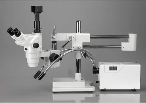 AmScope ZM-4T Professional Trinocular Stereo Zoom Microscope, EW10x Eyepieces, 6.7X-45X Magnification, 0.67X-4.5X Zoom Objective, Ambient Lighting, Double-Arm Boom Stand in Saudi Arabia