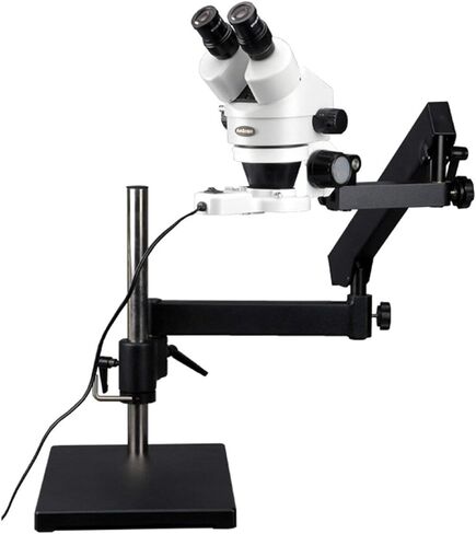 AmScope SM-7B-144S Professional Binocular Stereo Zoom Microscope, WH10x Eyepieces, 7X-45X Magnification, 0.7X-4.5X Zoom Objective, 144-Bulb LED Ring Light, Articulating-Arm Boom Stand, 110V-240V in Saudi Arabia