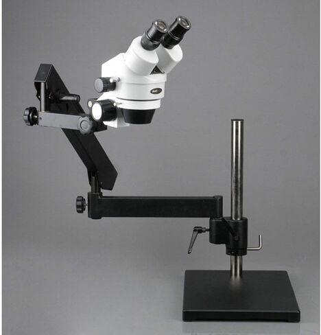 AmScope SM-7B-144S Professional Binocular Stereo Zoom Microscope, WH10x Eyepieces, 7X-45X Magnification, 0.7X-4.5X Zoom Objective, 144-Bulb LED Ring Light, Articulating-Arm Boom Stand, 110V-240V in Saudi Arabia