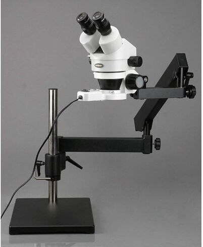 AmScope SM-7B-144S Professional Binocular Stereo Zoom Microscope, WH10x Eyepieces, 7X-45X Magnification, 0.7X-4.5X Zoom Objective, 144-Bulb LED Ring Light, Articulating-Arm Boom Stand, 110V-240V in Saudi Arabia