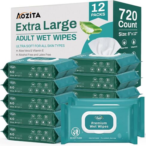 720 Count (12 Packs of 60) Wipes for Adults, 8" x 12" Extra Large Wipes for Incontinence & Cleansing, Body Wipes Bath Wipes - Disposable Shower Wipes for Elderly Bathing No-Rinse - Vitamin E & Aloe in Saudi Arabia