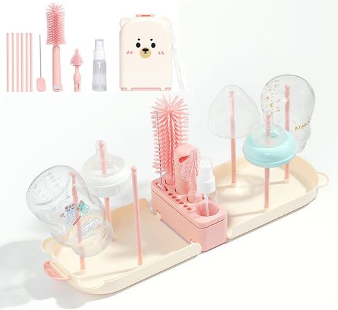 6 In1 Baby Bottle Brush Kit ، منظف فرشاة زجاجة سيليكون محمول مع فرشاة قش ، فرشاة الحلمة ، رف التجفيف ، موزع الصابون ، كيس تخزين للسفر أو المنزل (وردي) in Kuwait