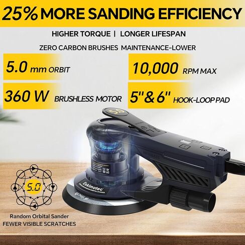Electric 5.0 Random Orbital Sander 5 & 6-Inch, 360W Brushless Orbital Sander, 10000 RPM Variable 7-Speed Palm Sander for Dustless Woodworking, Metalworking Finishing & Auto Body in Saudi Arabia