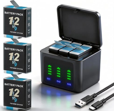 3 مجموعات شاحن بطارية 2000 مللي أمبير لكاميرا GoPro Hero 12 مع شاحن 3 قنوات، شاحن بطارية GoPro 3 فتحات متوافق مع كاميرا Hero 12/11/10/9 باللون الأسود in Saudi Arabia