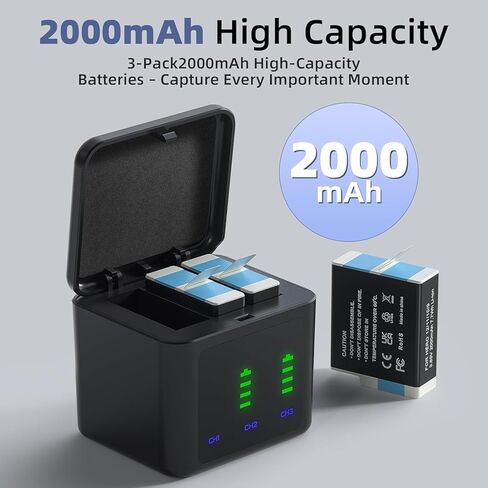 3 مجموعات شاحن بطارية 2000 مللي أمبير لكاميرا GoPro Hero 12 مع شاحن 3 قنوات، شاحن بطارية GoPro 3 فتحات متوافق مع كاميرا Hero 12/11/10/9 باللون الأسود in Saudi Arabia