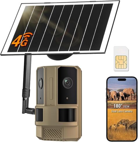كاميرا مراقبة خارجية 4G LTE Cellular Trail (لا حاجة إلى WiFi) مع بطاقة SIM مدمجة، عدسة مزدوجة رؤية 180 درجة، رؤية ليلية ملونة بدقة 4K، تعمل بالطاقة الشمسية، صوت ثنائي الاتجاه، مقاومة للماء IP66 in Kuwait