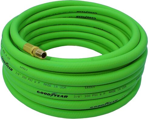 Goodyear 50' x 3/8" Grn Hybrid Air Hose - 300 PSI Working Pressure - 1200 PSI Working Pressure - Kink Free - 100% Brass 1/4" NPT Fittings - Made in USA (Green) in Saudi Arabia