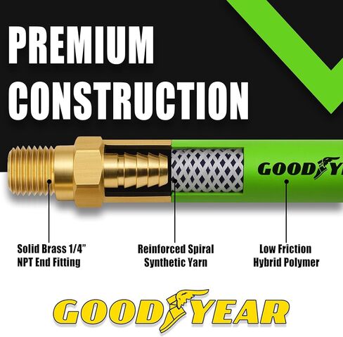 Goodyear 50' x 3/8" Grn Hybrid Air Hose - 300 PSI Working Pressure - 1200 PSI Working Pressure - Kink Free - 100% Brass 1/4" NPT Fittings - Made in USA (Green) in Saudi Arabia