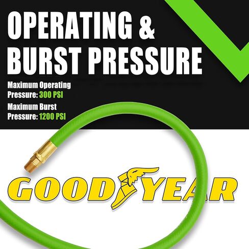 Goodyear 50' x 3/8" Grn Hybrid Air Hose - 300 PSI Working Pressure - 1200 PSI Working Pressure - Kink Free - 100% Brass 1/4" NPT Fittings - Made in USA (Green) in Saudi Arabia