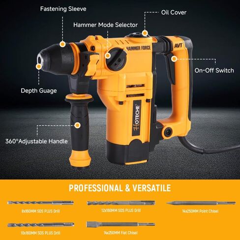 Hoteche 900W 26MM Rotary Hammer Drill, 2-Function Hammer/Drill for Concrete, Yellow, Color Box + Plastic Case Packaging in Saudi Arabia
