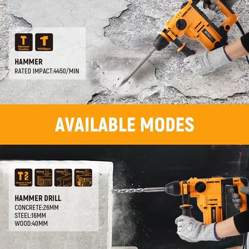 Hoteche 900W 26MM Rotary Hammer Drill, 2-Function Hammer/Drill for Concrete, Yellow, Color Box + Plastic Case Packaging in Saudi Arabia