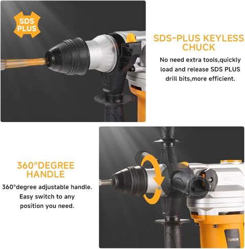 مثقاب مطرقة دوارة SDS Plus من Hoteche بقدرة 1200 وات 30 مم، مطرقة/مثقاب/مثقاب 3 وظائف مع قوة تأثير 2.7J، أصفر، صندوق ألوان + عبوة بلاستيكية in Saudi Arabia
