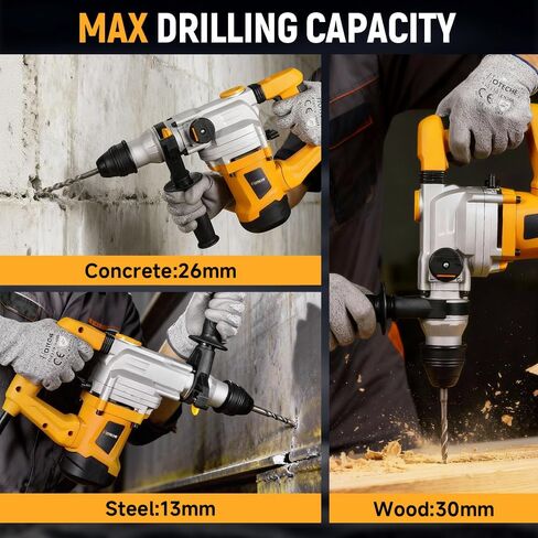 مثقاب مطرقة دوارة SDS Plus من Hoteche بقدرة 1200 وات 30 مم، مطرقة/مثقاب/مثقاب 3 وظائف مع قوة تأثير 2.7J، أصفر، صندوق ألوان + عبوة بلاستيكية in Saudi Arabia