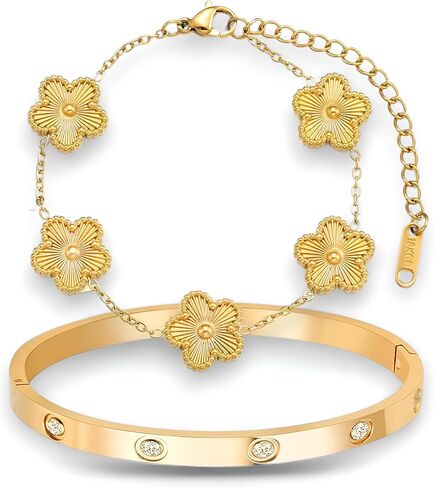 18K Gold Plated Clover Bracelet and Bangle Set for Women | Lucky Bracelet Flower Link Adjustable Chain & Crystal Cuff | Jewelry Gift Set For Woman in Saudi Arabia