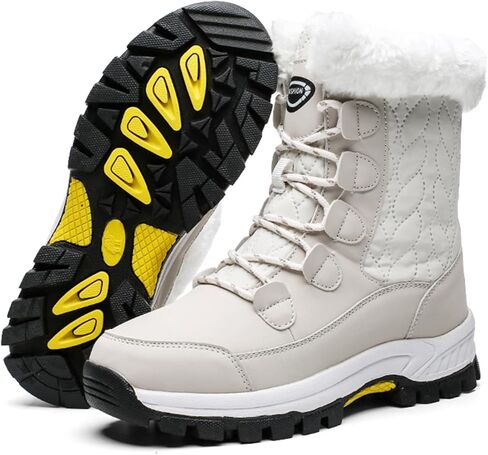 Women's Winter Faux Leather Platform Lace-Up Snow Boots Fashion Round Toe Fur Lined Lug Sole Outdoor Waterproof Non-Slip Mid Calf Warm Boots in Saudi Arabia