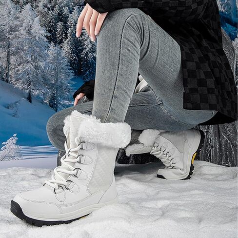 Women's Winter Faux Leather Platform Lace-Up Snow Boots Fashion Round Toe Fur Lined Lug Sole Outdoor Waterproof Non-Slip Mid Calf Warm Boots in Saudi Arabia