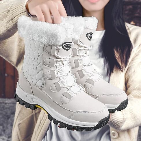 Women's Winter Faux Leather Platform Lace-Up Snow Boots Fashion Round Toe Fur Lined Lug Sole Outdoor Waterproof Non-Slip Mid Calf Warm Boots in Saudi Arabia