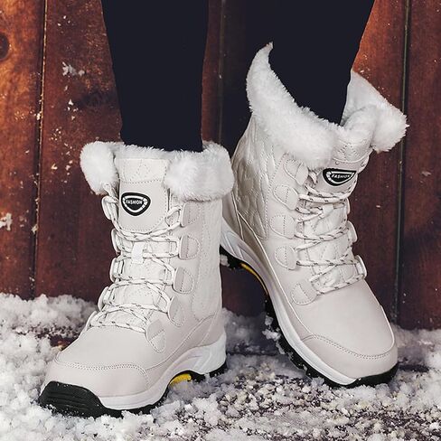 Women's Winter Faux Leather Platform Lace-Up Snow Boots Fashion Round Toe Fur Lined Lug Sole Outdoor Waterproof Non-Slip Mid Calf Warm Boots in Saudi Arabia