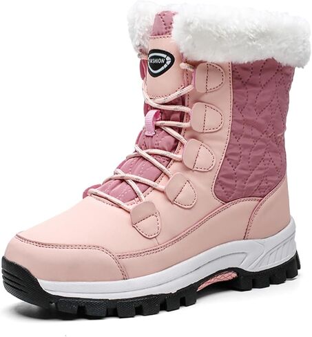 Women's Winter Faux Leather Platform Lace-Up Snow Boots Fashion Round Toe Fur Lined Lug Sole Outdoor Waterproof Non-Slip Mid Calf Warm Boots in Saudi Arabia