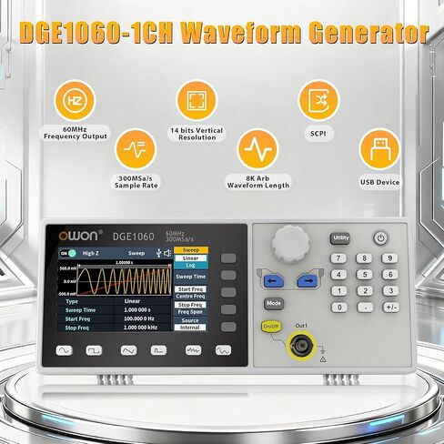 OWON Function Generators, 1 CH 60MHz Frequency Meter, Signal Generator 300MSa/s Sample Rate with 14 Bits Vertical High Resolution 3.6 inch TFT LCD (60MHz/1CH/OWON DGE1060) in Saudi Arabia