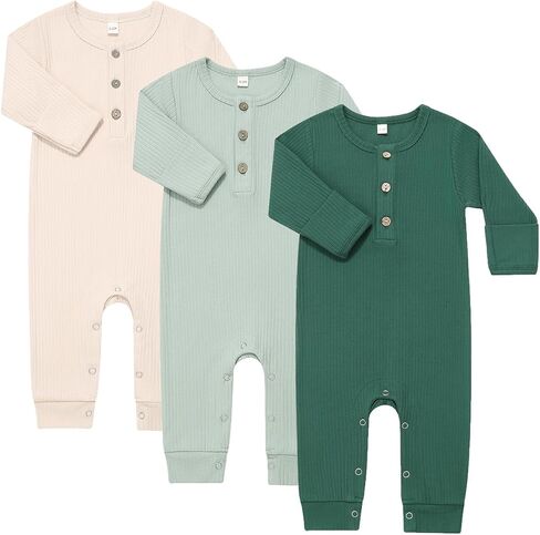 Bafeicao Baby Boy Girl 3 Pack Solid Romper Ribbed Cotton Long Sleeve Jumpsuit Infants Outfits Clothes with Mitten Cuffs in Kuwait