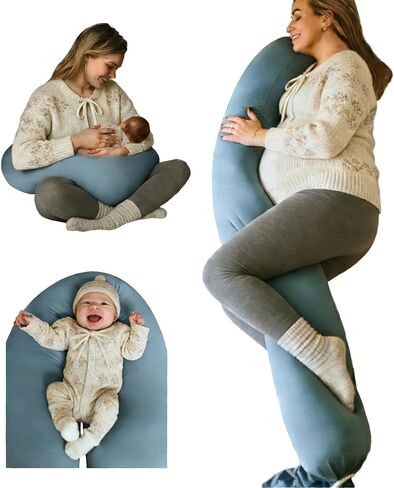 Cuddobaby Pregnancy Pillow 5-in-1 【Cooling Cover, Adjustable Firmness】 Patented Lock Design, Turn into O-Shape Nursing Pillow, 5-Point Full Body Support, Maternity Pillow with Travel Bag - Blue in Kuwait