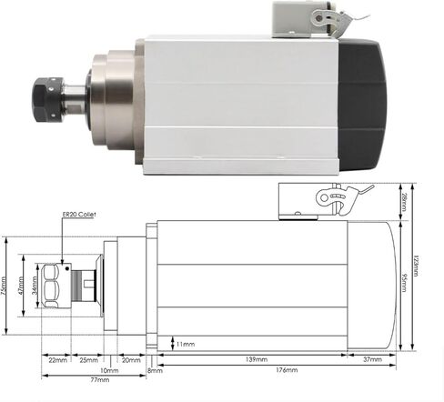 220v 1.5kw ER20 square air cooled spindle motor, 4 P4 bearings and H100 1.5kw 1000hz variable frequency drive in Saudi Arabia