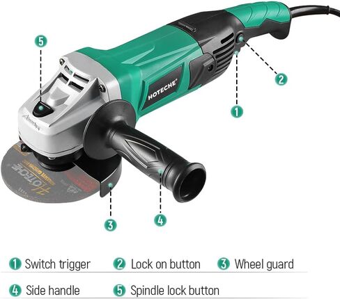 Hoteche 1400W Angle Grinder, 125mm Grinder with 8000rpm, Green, Color Box Packaging in Saudi Arabia