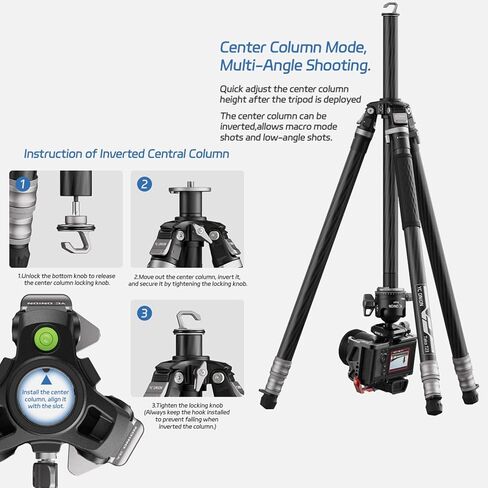 YC Onion Tako T23 Carbon Fiber Tripod+Gimbal Head+BC44 Ball Head+Over Head Rig, 3/8" Top Thread, 3 Leg Sections, One Flip Quick Release, Travel Tripod Stand for DSLR Cameras,Camcorders (Max Load 22lb) in Saudi Arabia