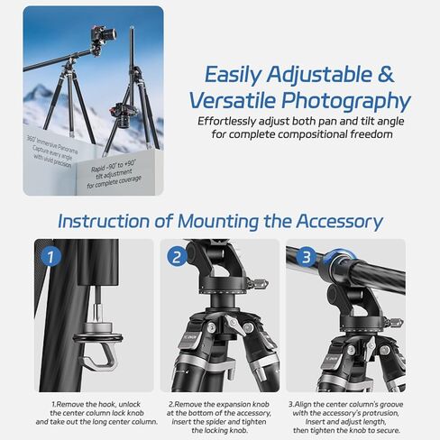 YC Onion Tako T23 Carbon Fiber Tripod+Gimbal Head+BC44 Ball Head+Over Head Rig, 3/8" Top Thread, 3 Leg Sections, One Flip Quick Release, Travel Tripod Stand for DSLR Cameras,Camcorders (Max Load 22lb) in Saudi Arabia