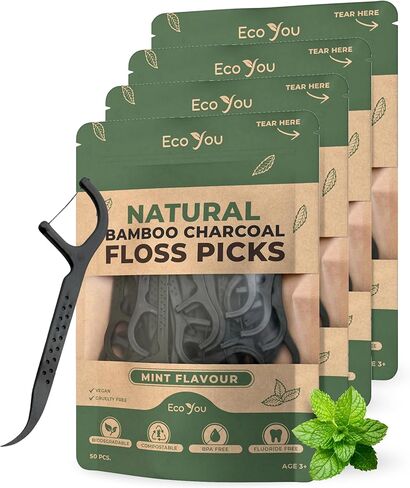 اختيارات الخيط القابلة للتحلل | 100 عدد (2 عبوة) | نكهة النعناع ، Candililla Wax | مستدامة وقابلة لإعادة الاستخدام | نباتي وخالي من القسوة | اختيارات خيار خيار الخيزران ، أسنان الخيزران in Kuwait