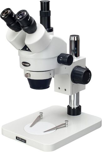AmScope SM-1TS مجهر تكبير ستيريو ثلاثي العينيات احترافي، عدسات WH10x، تكبير 7X-45X، تكبير 0.7X-4.5X، إضاءة محيطة، حامل عمود in Kuwait