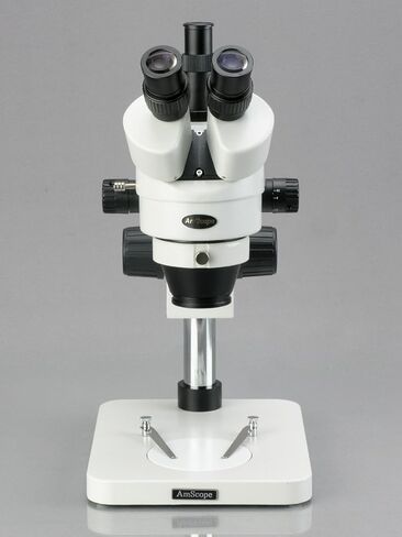 AmScope SM-1TS مجهر تكبير ستيريو ثلاثي العينيات احترافي، عدسات WH10x، تكبير 7X-45X، تكبير 0.7X-4.5X، إضاءة محيطة، حامل عمود in Kuwait
