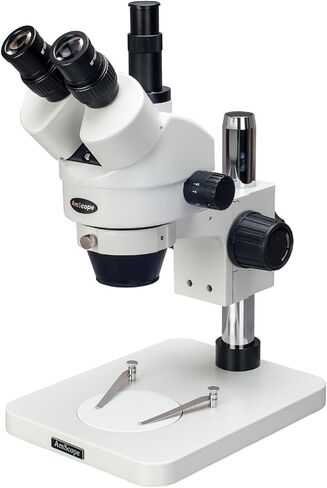 AmScope SM-1TS مجهر تكبير ستيريو ثلاثي العينيات احترافي، عدسات WH10x، تكبير 7X-45X، تكبير 0.7X-4.5X، إضاءة محيطة، حامل عمود in Kuwait
