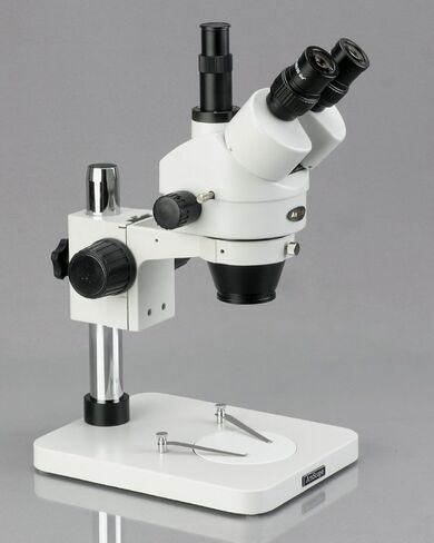 AmScope SM-1TS مجهر تكبير ستيريو ثلاثي العينيات احترافي، عدسات WH10x، تكبير 7X-45X، تكبير 0.7X-4.5X، إضاءة محيطة، حامل عمود in Kuwait