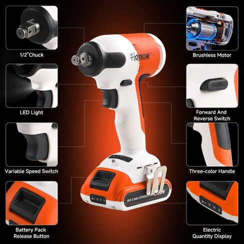 Hoteche 20V Cordless Brushless Impact Wrench - 2 x 2.0Ah Batteries, 60-Min Fast Charge, 260Nm Torque, 1/2" Drive, LED Light, Storage Case in Saudi Arabia