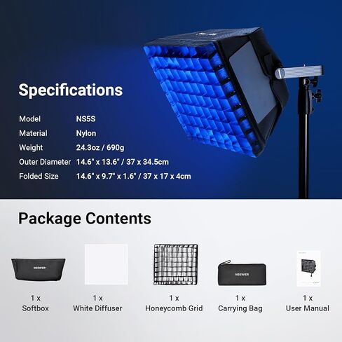 NEEWER ترقية Softbox Diffuser فقط لـ NEEWER RGB1200 Video Light، 14.6 بوصة × 13.6 بوصة / 37 × 34.5 سم صندوق ناعم قابل للطي مع شبكة / حقيبة / غطاء تعتيم، إعداد سريع لإضاءة التصوير الفوتوغرافي في استوديو الصور، NS5S in Kuwait